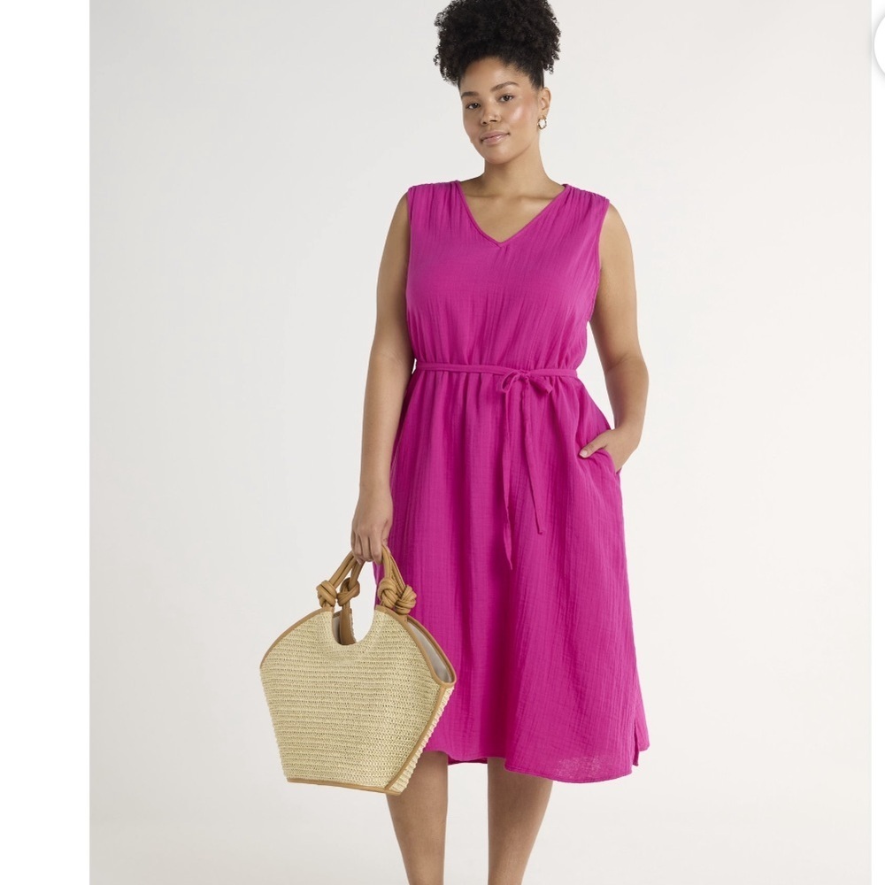 Time & Tru Sleeveless Cotton Gauze Pink Midi Dress with Tie Waist Sz L NWT
